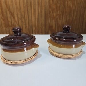 2 Vtg Stoneware Crocks French Onion Soup Bowls & Lids Brown Tan Beans USA Mats